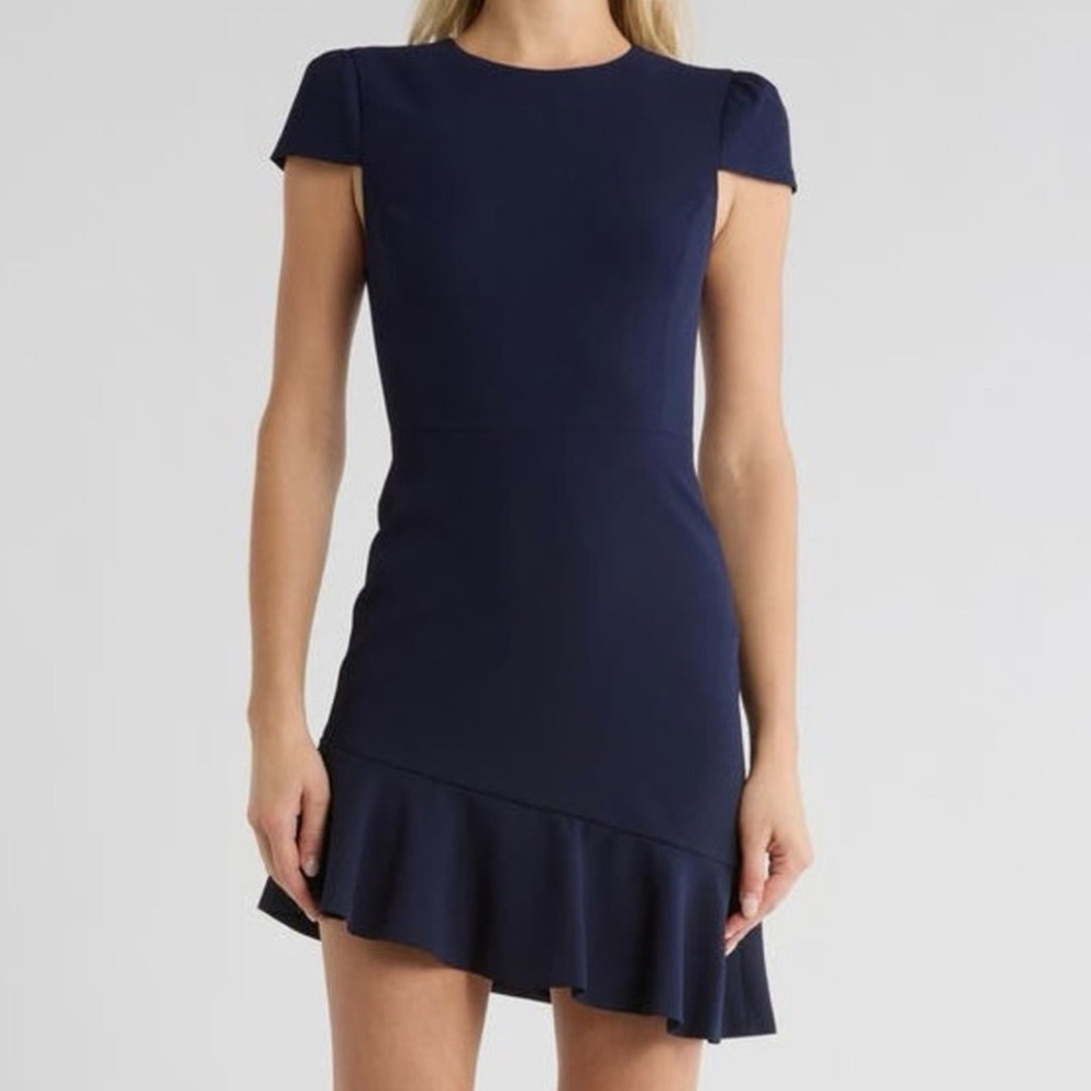 Alice + Olivia Navy Asymmetric Ruffle Hem Mini Dress